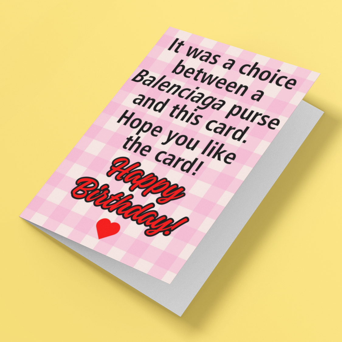 Birthday card with humorous text on a yellow background