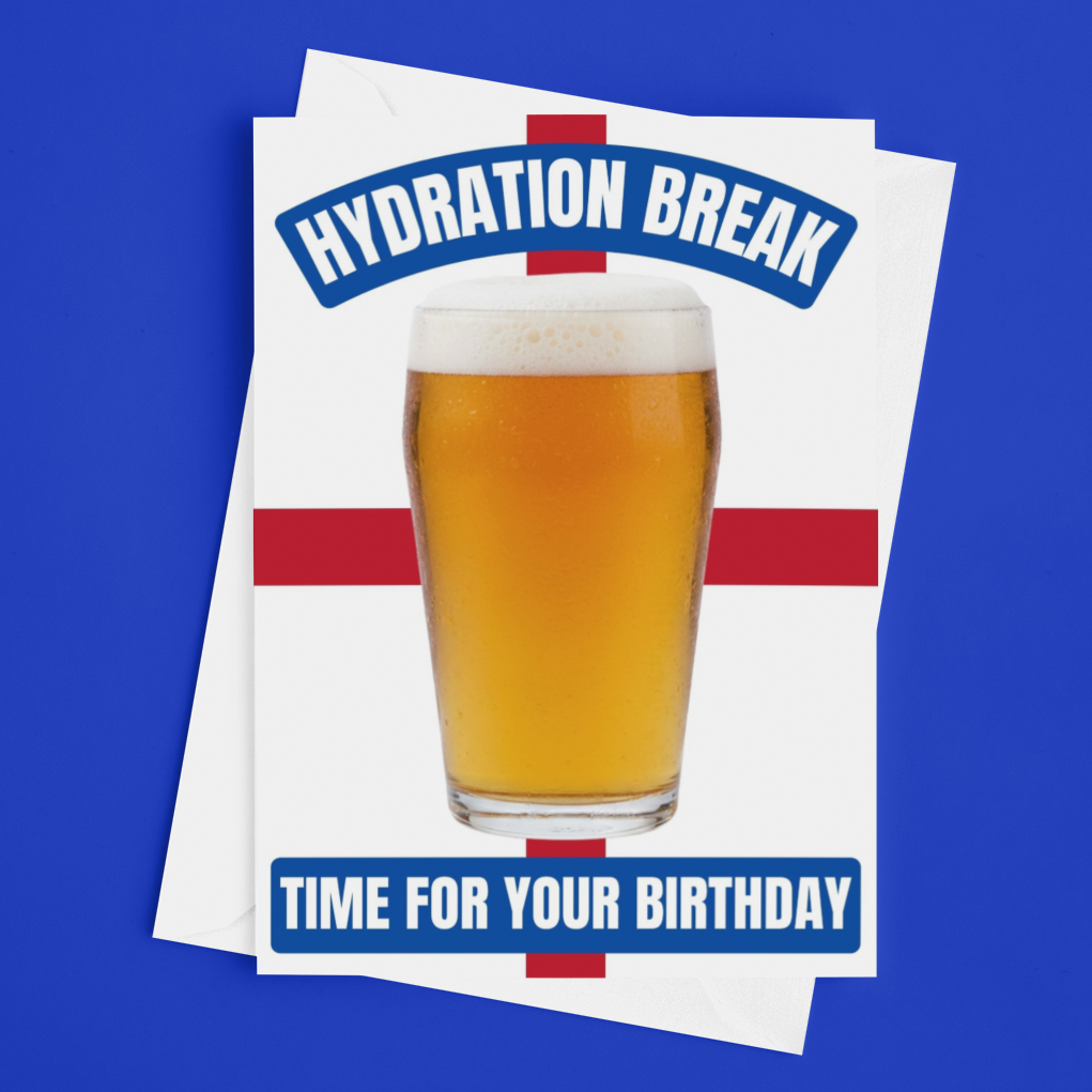 A stacked set of white birthday party cards featuring a glass of golden beer on a red cross design, with the text 'HYDRATION BREAK' and 'TIME FOR YOUR BIRTHDAY' on a solid blue background.