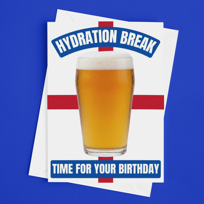 A stacked set of white birthday party cards featuring a glass of golden beer on a red cross design, with the text 'HYDRATION BREAK' and 'TIME FOR YOUR BIRTHDAY' on a solid blue background.