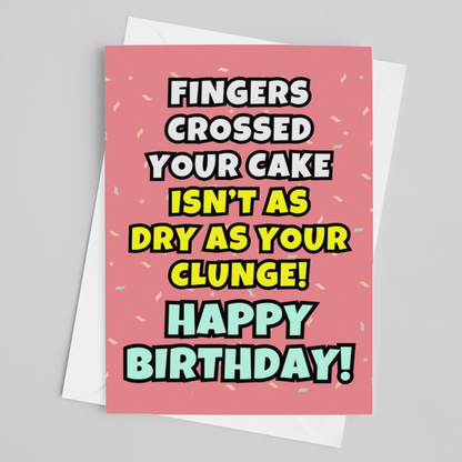 Birthday card with humorous text on a pink background