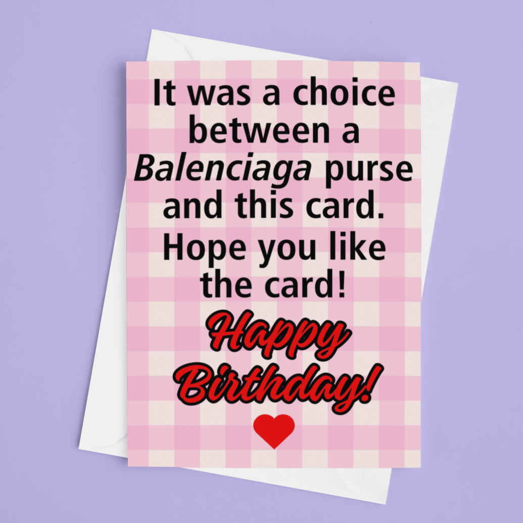 Pink checkered birthday card with humorous text on a purple background
