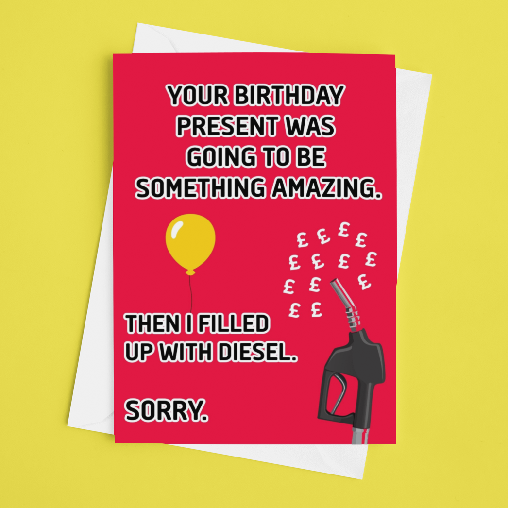 A red greeting card with a humorous diesel birthday message, shown with a white envelope on a bright yellow background. The card features a yellow balloon, white text, and a black fuel pump illustration.