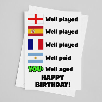Funny World Cup Well Played Football Birthday Card