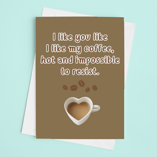 Greeting card with coffee-themed text on a light blue background