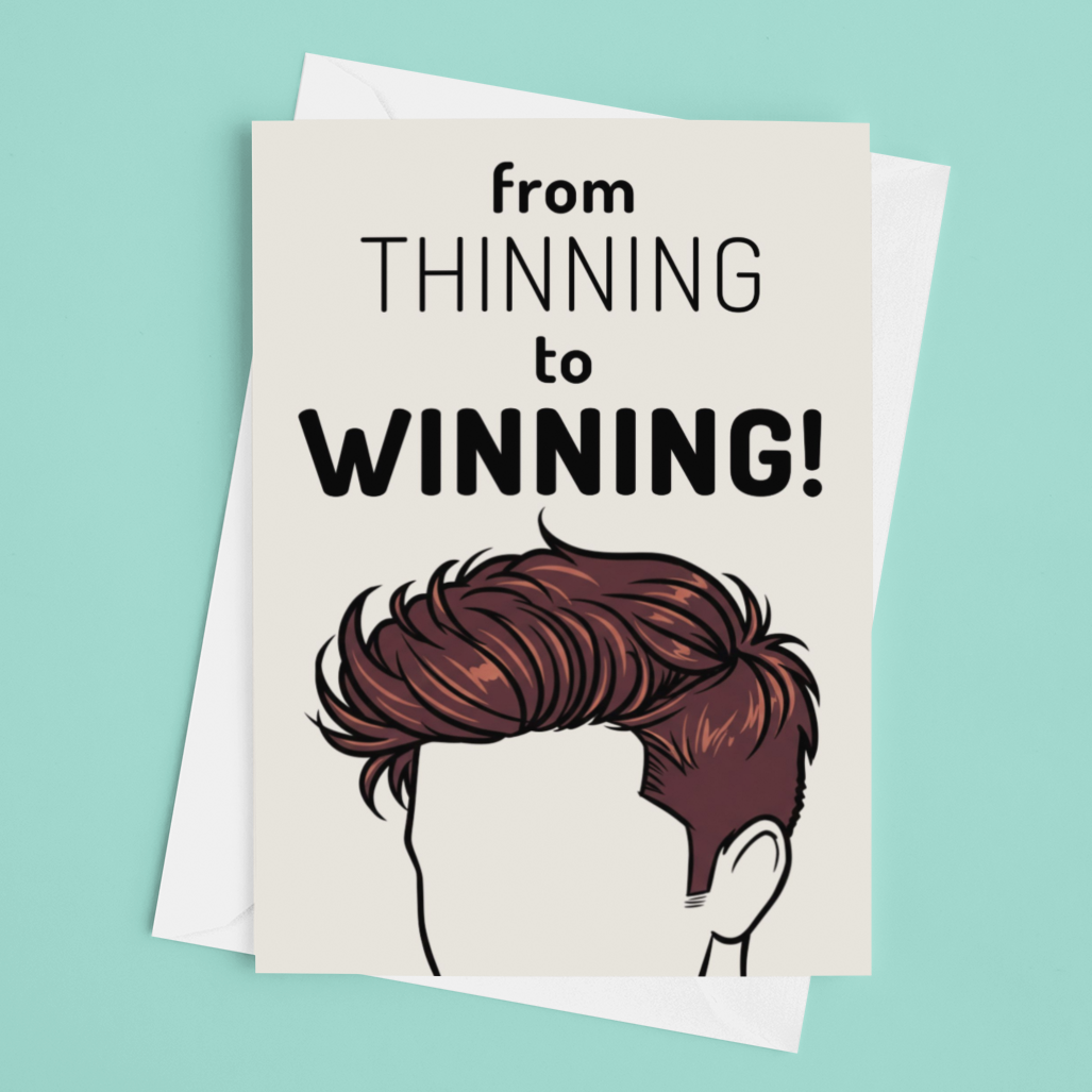 Card with illustration of a person with thinning hair and text 'from thinning to winning' on a light blue background