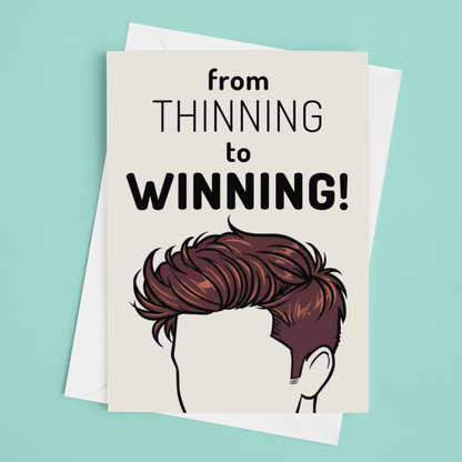 Card with illustration of a person with thinning hair and text 'from thinning to winning' on a light blue background