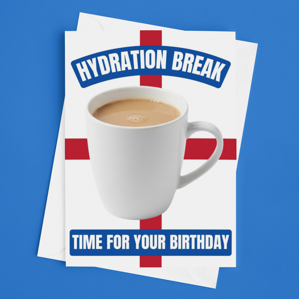 A birthday card featuring a white mug filled with coffee on a red cross background, with the text 'HYDRATION BREAK' at the top and 'TIME FOR YOUR BIRTHDAY' at the bottom, displayed against a solid blue background.