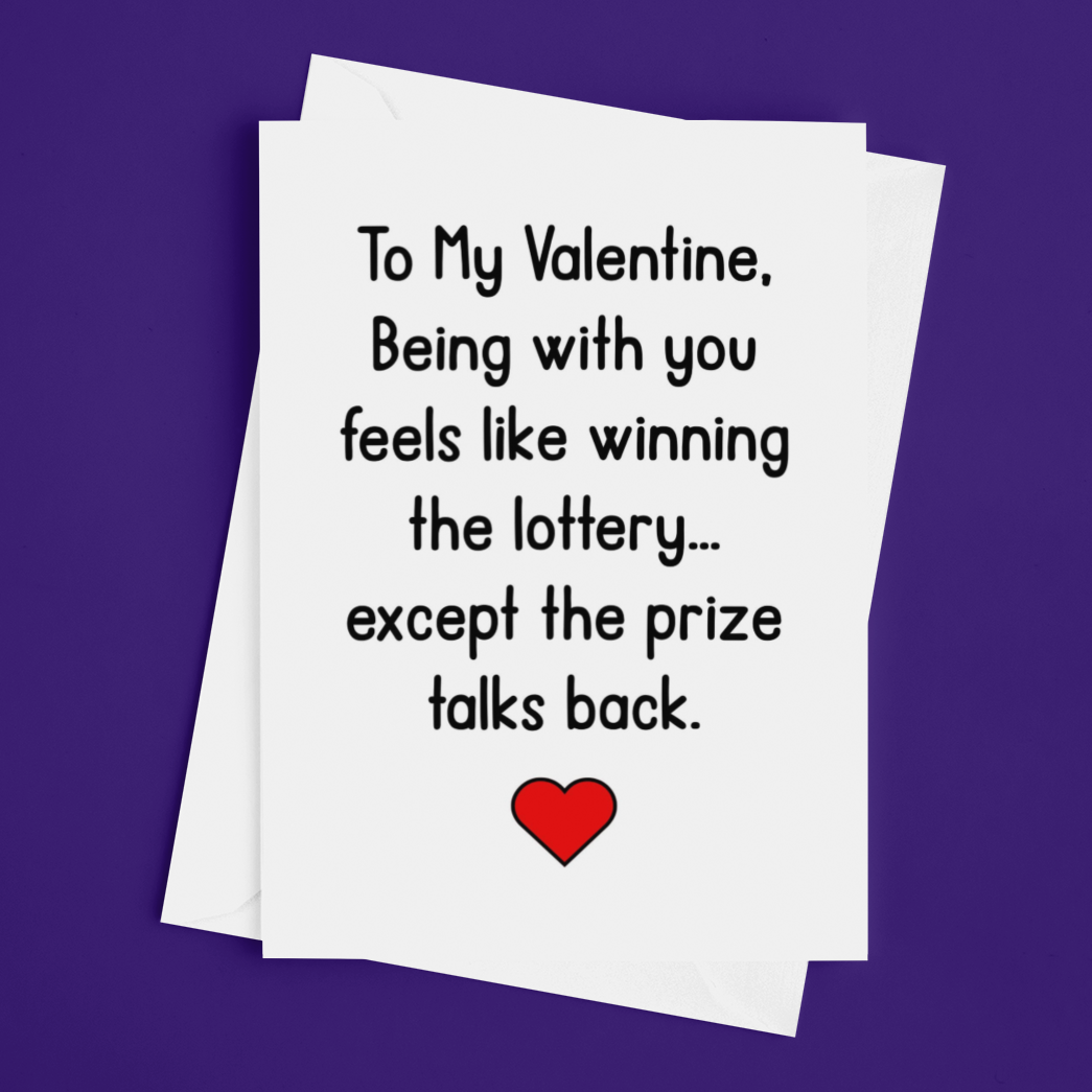 Valentine's Day card with humorous message on a purple background