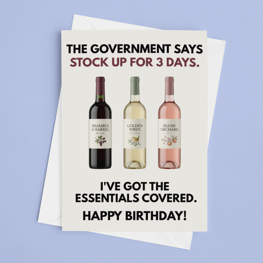 A novelty birthday card featuring three wine bottles and humorous text, displayed on a light blue background.