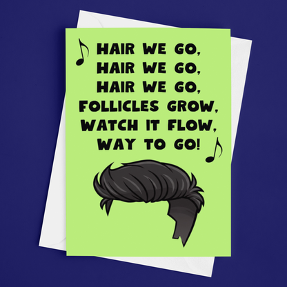 Greeting card with humorous text and illustration on a blue background