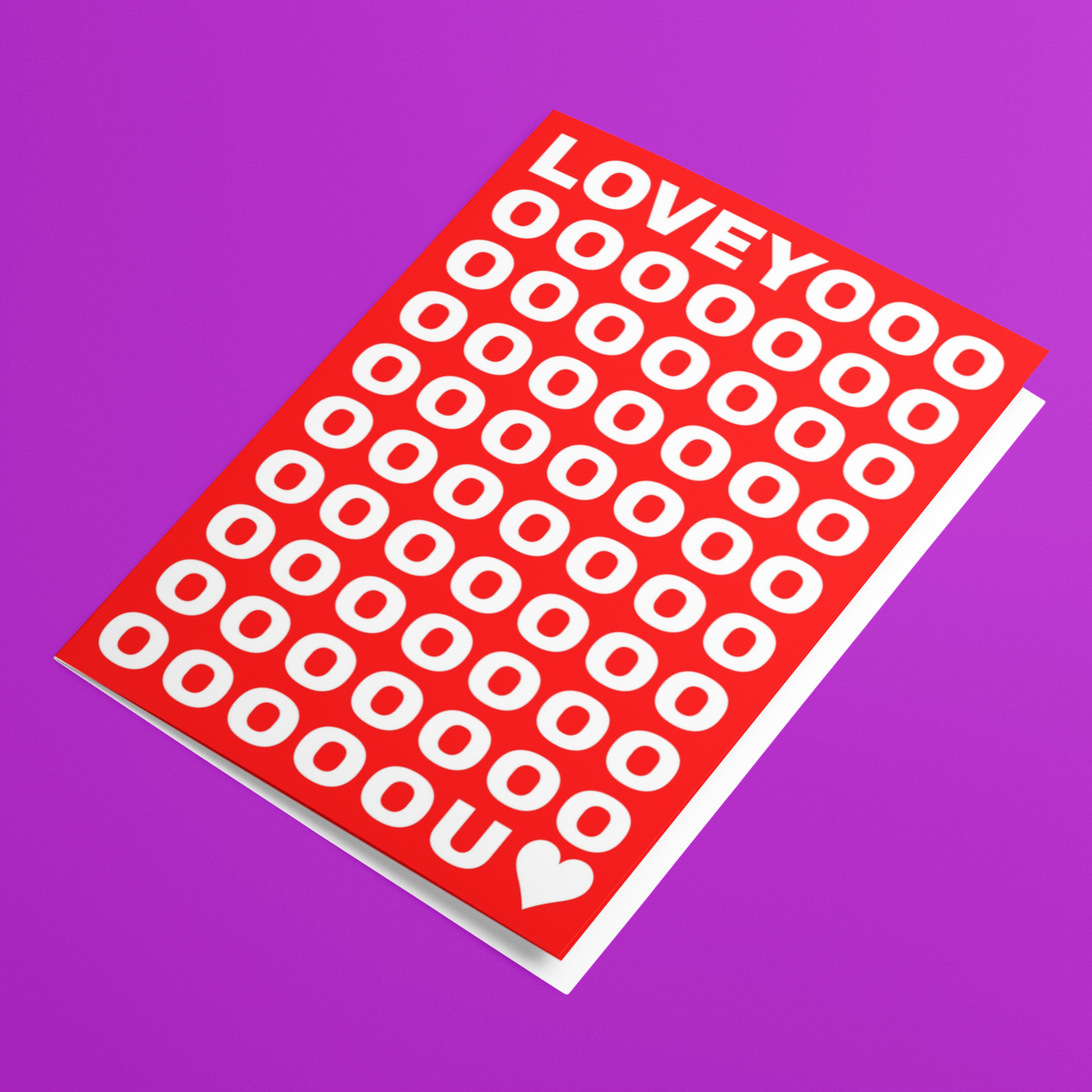 Red card with white text and heart design on a purple background