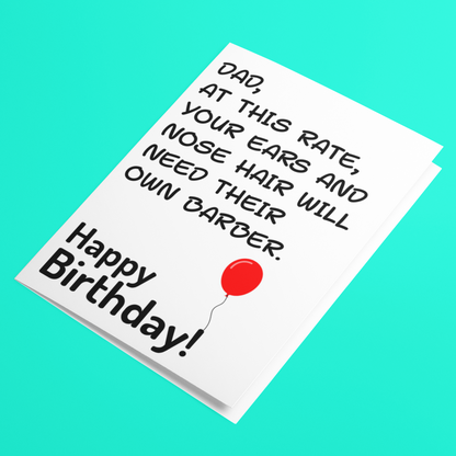Birthday card with humorous message and red balloon on a turquoise background