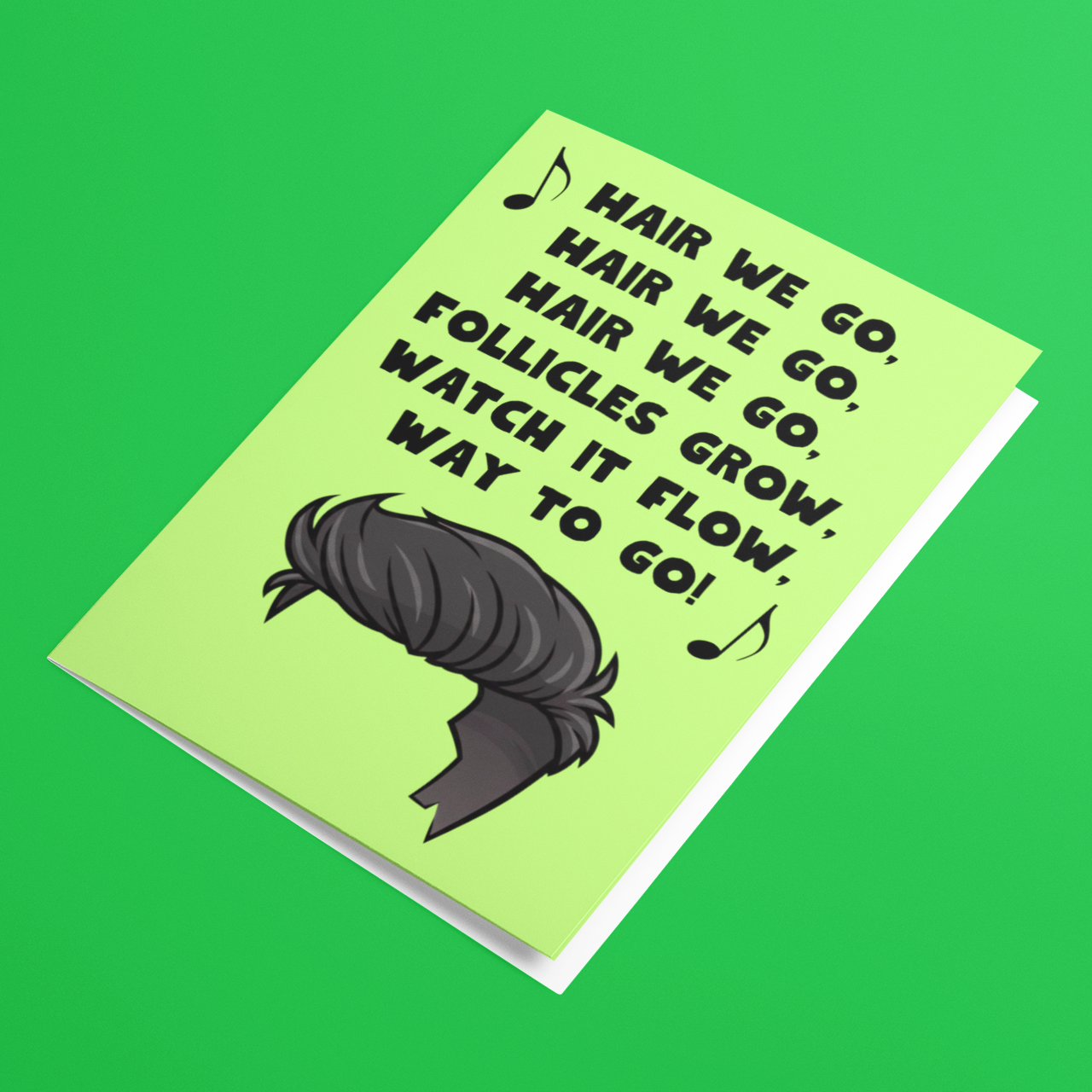 Greeting card with humorous text and hair illustration on a green background