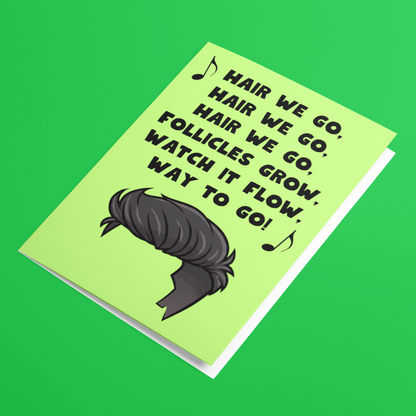 Greeting card with humorous text and hair illustration on a green background
