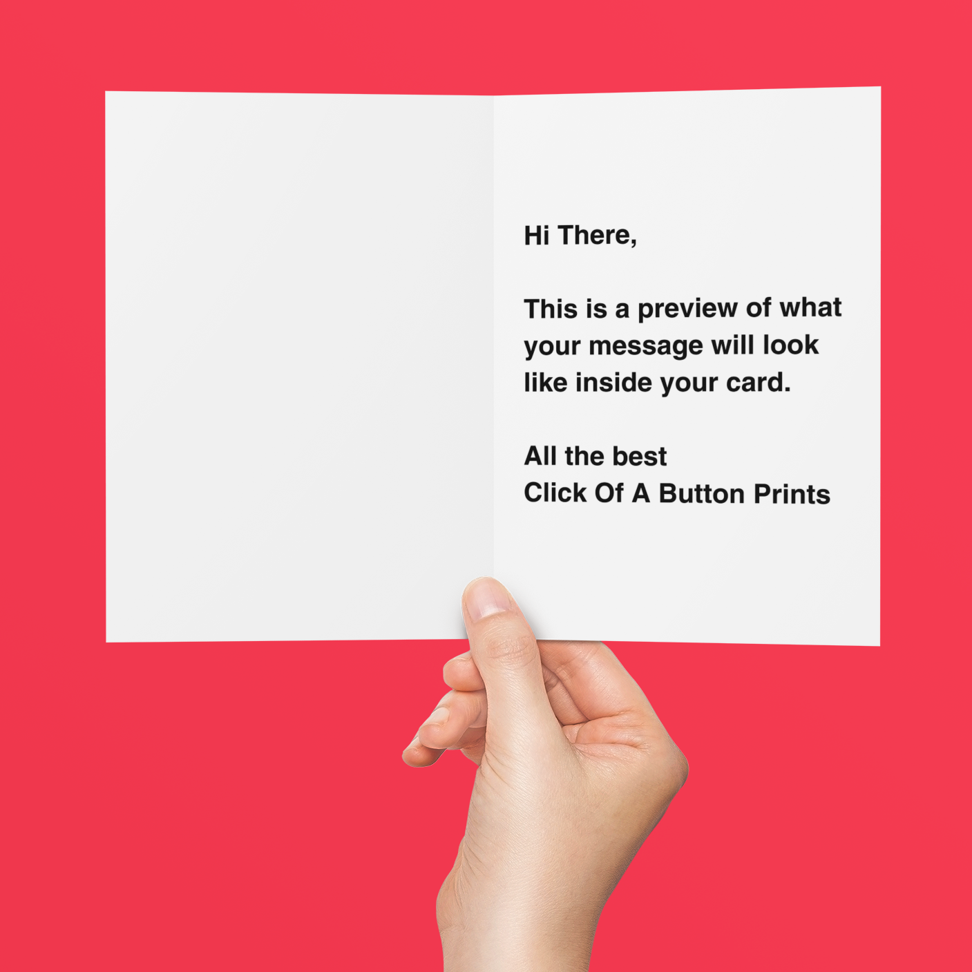 Hand holding a card with text on a red background