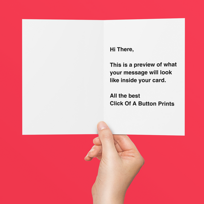 Hand holding a card with text on a red background