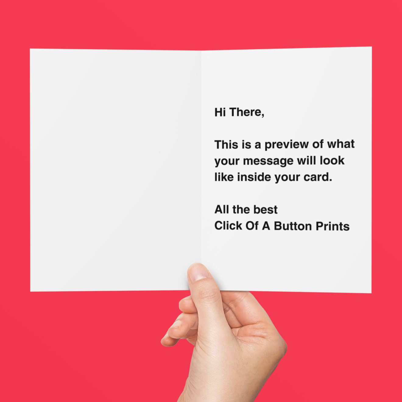 Hand holding a card with text on a red background