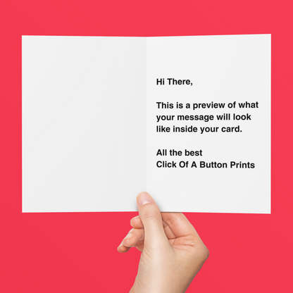 Hand holding a card with text on a red background
