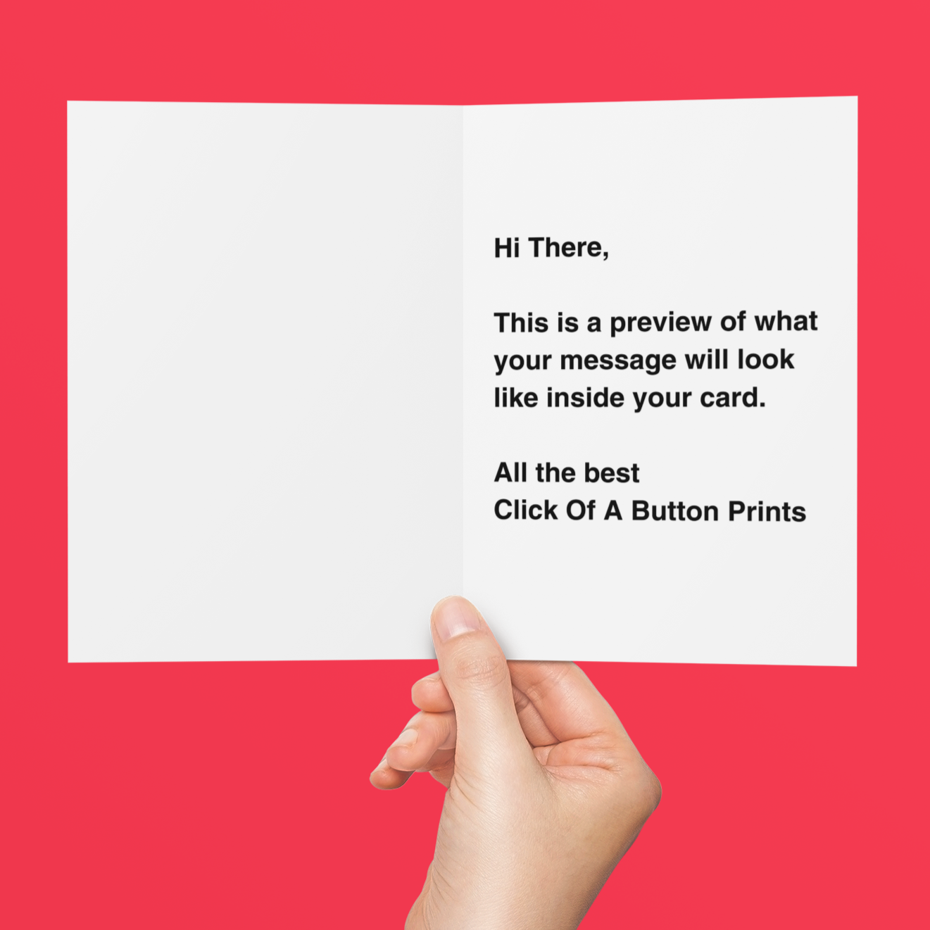 Hand holding a card with text on a red background