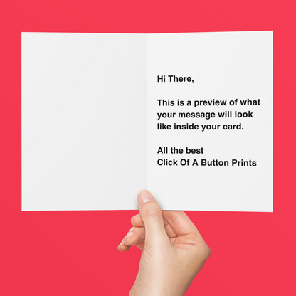 Hand holding a card with text on a red background
