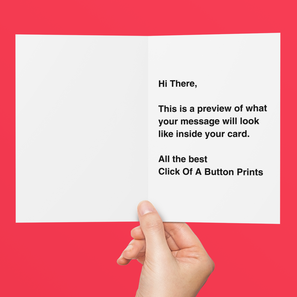 Hand holding a card with text on a red background