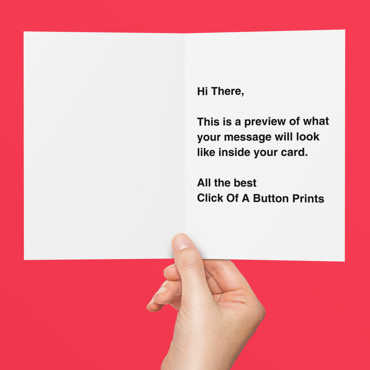 Hand holding a card with text on a red background