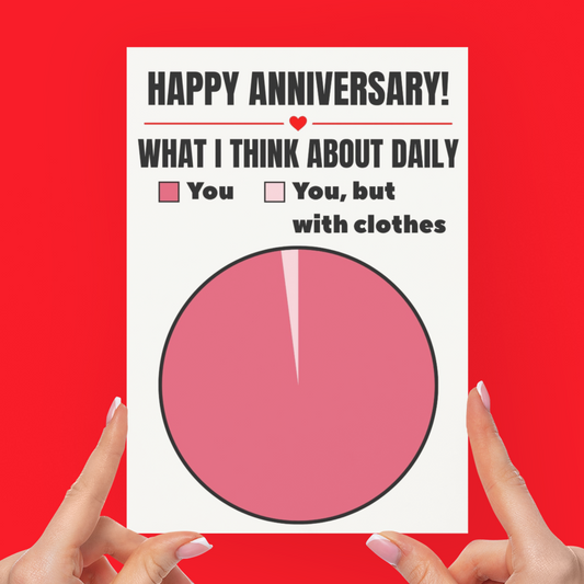 A person's hands holding a white anniversary greeting card with a pink donut chart and the text 'HAPPY ANNIVERSARY! WHAT I THINK ABOUT DAILY You You, but with clothes' against a solid red background.