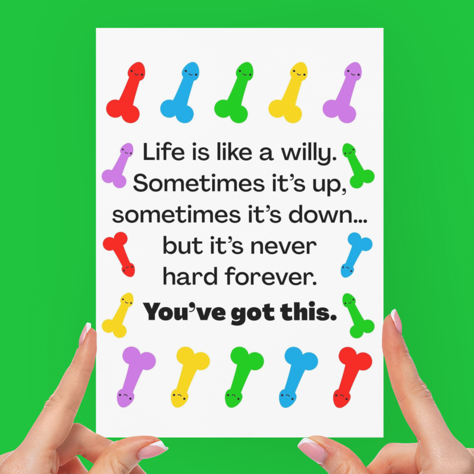 Card with colorful willy symbols and motivational text held by hands against a green background