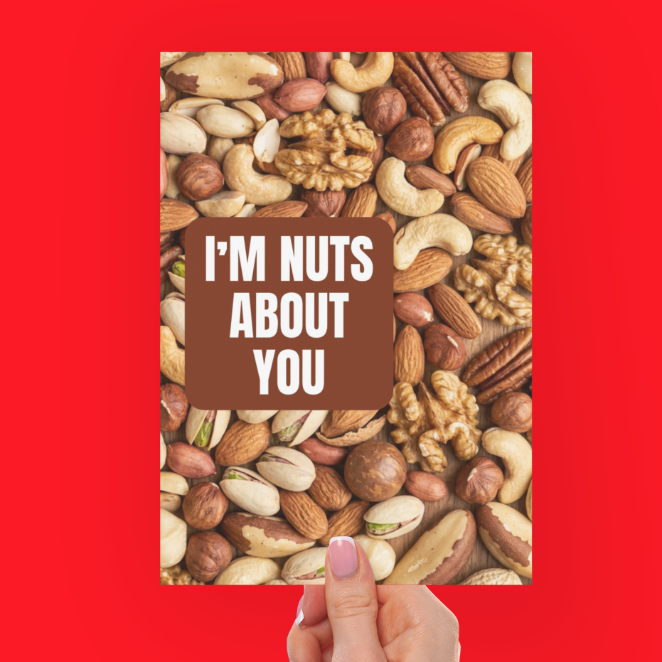 A hand holds a rectangular card or book cover covered in a nut and seed pattern, with the text 'I'M NUTS ABOUT YOU' in white on a brown center panel, against a solid bright red background.