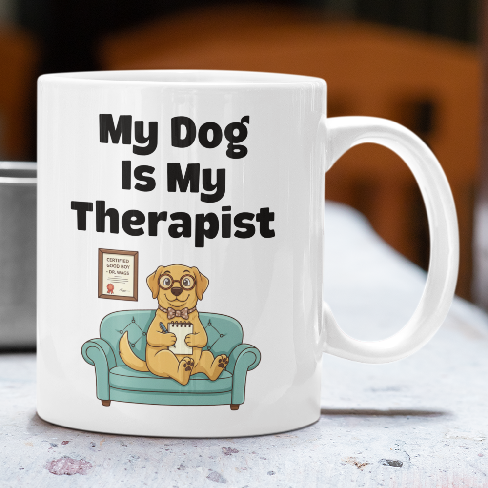 Mug with 'My Dog is My Therapist' text and a dog illustration on a table.