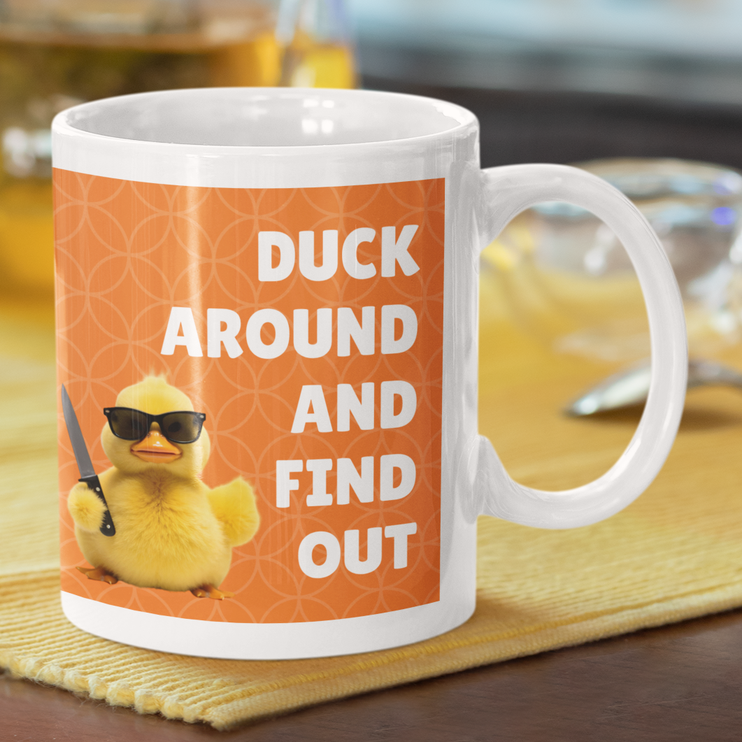 Mug with a duck graphic and text on a kitchen counter