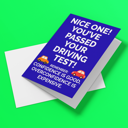 A blue greeting card with white text reading 'NICE ONE! YOU'VE PASSED YOUR DRIVING TEST!' and a white envelope, shown on a bright green background.
