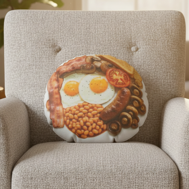 Funny Fry-Up Cushion, 18 Inch Round Faux Suede Novelty Cushion
