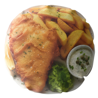 Fun Fish and Chips Cushion, 18 Inch Round Faux Suede Cushion, Novelty Food Lover Gift