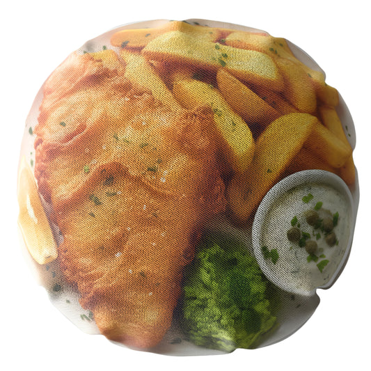 Fun Fish and Chips Cushion, 18 Inch Round Faux Suede Cushion, Novelty Food Lover Gift