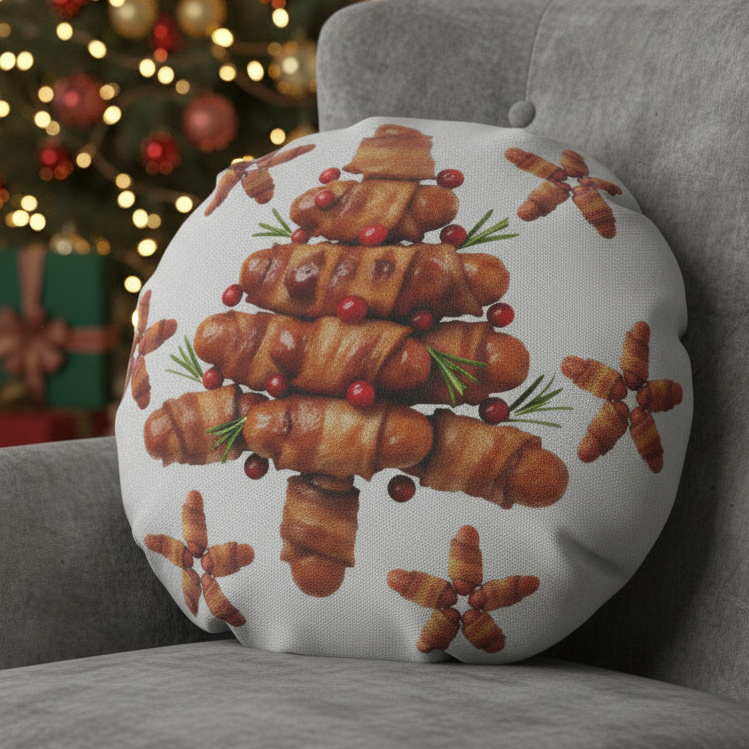 Funny Pigs in Blankets Round Christmas Cushion Novelty Gift