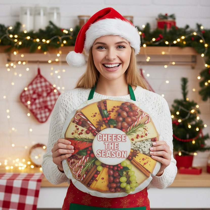 A smiling woman in a white sweater, red apron, and Santa hat holds a large round holiday sign that reads 'CHEESE THE SEASON' with a cheese wheel illustration. The background shows a decorated Christmas kitchen with warm lights, garlands, and wrapped gifts.