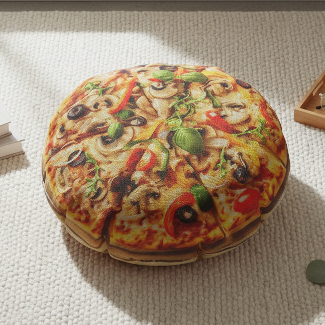 Funny Pizza Cushion 18 Inch Round Faux Suede Cushion, Novelty Food Lover Gift