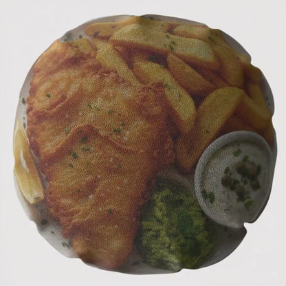 Fun Fish and Chips Cushion, 18 Inch Round Faux Suede Cushion, Novelty Food Lover Gift