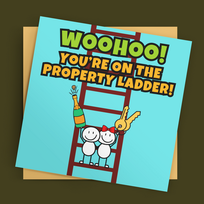 Greeting card with text 'Woohoo! You're on the property ladder!' and a cartoon character on a ladder against a brown background.