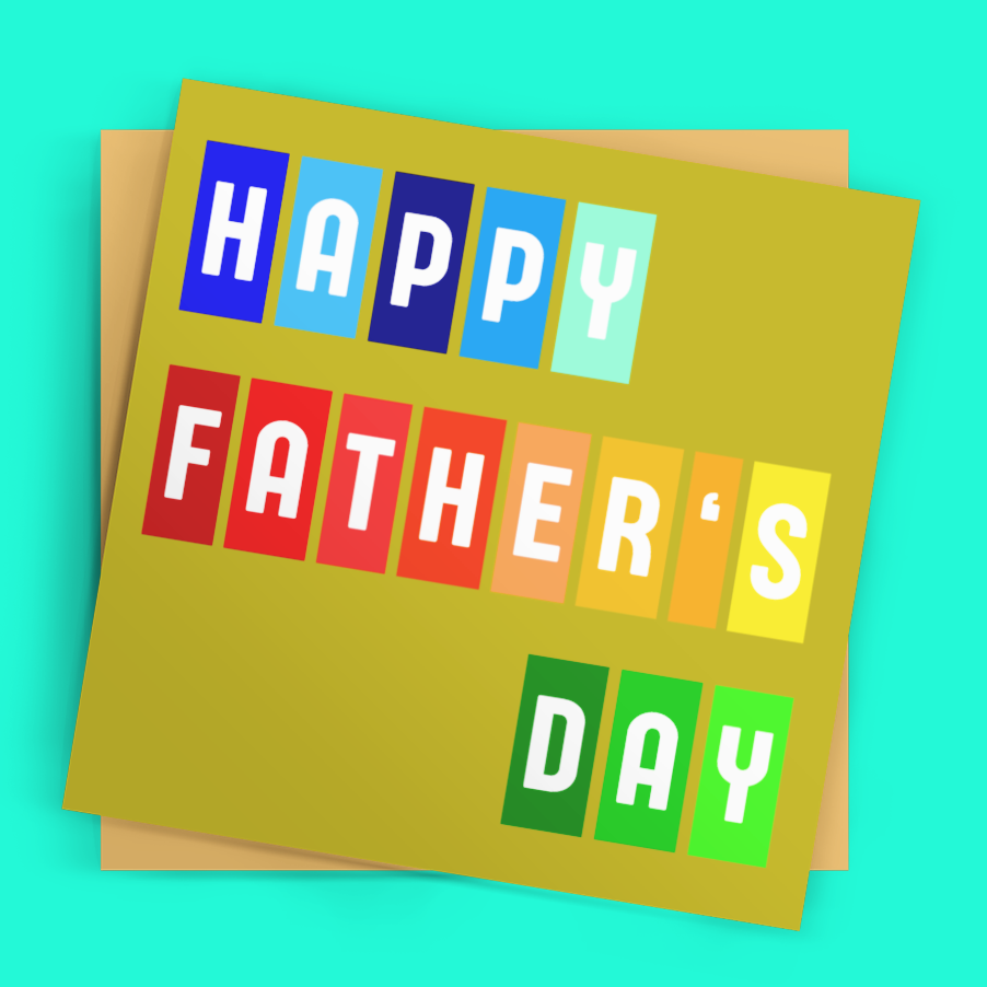 Father's Day card with colorful text on a turquoise background