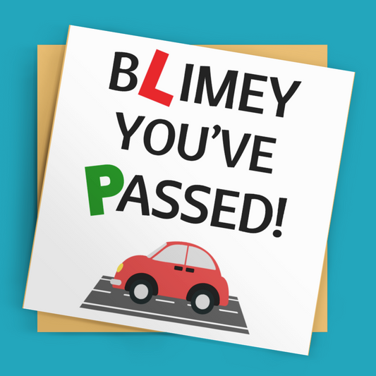 Greeting card with humorous text and car illustration on a blue background