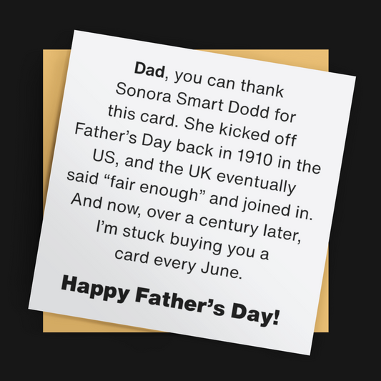 Father's Day card with humorous message on a black background