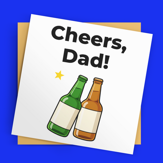 Greeting card with 'Cheers, Dad!' text and beer bottle illustrations on a blue background