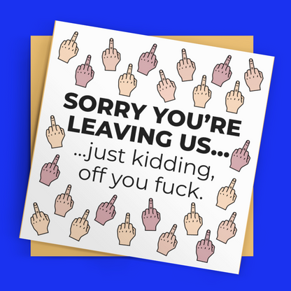 Card with middle finger emojis and humorous text on a blue background