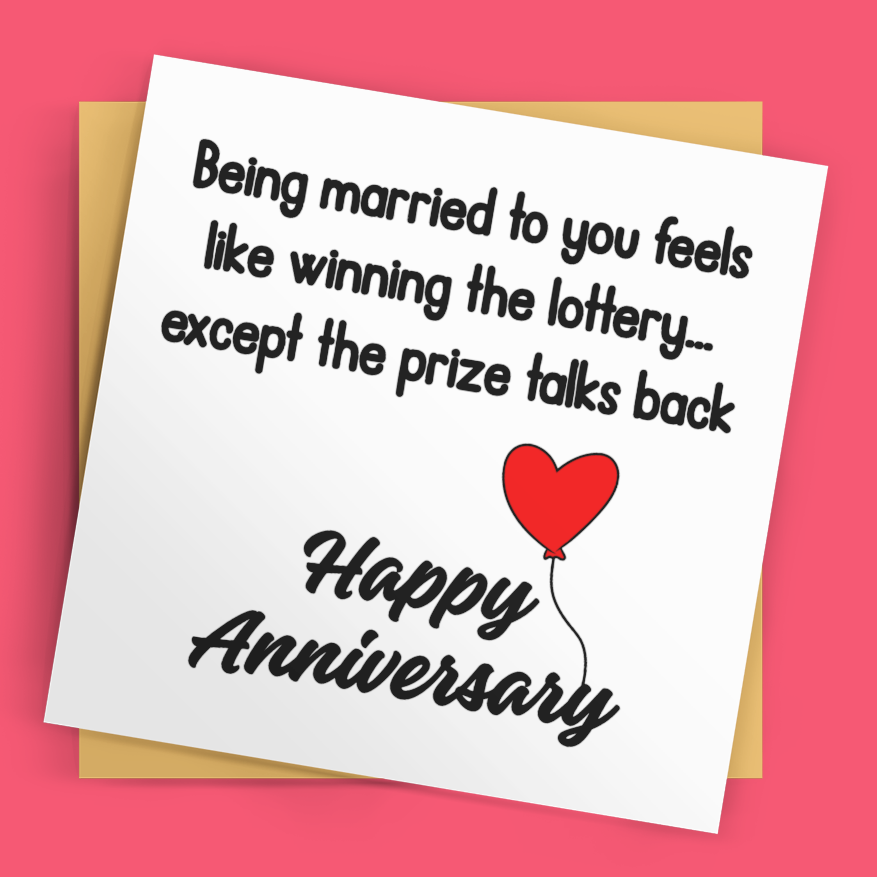 Anniversary card with humorous message on a pink background