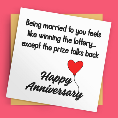 Anniversary card with humorous message on a pink background