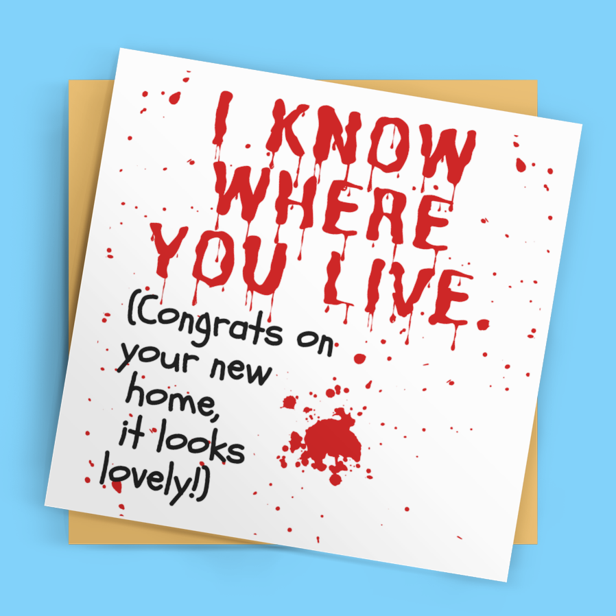 Greeting card with red text on a blue background